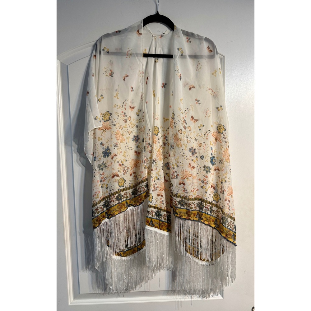 Floral Butterfly Kimono Women‎ OS Ivory Fringe Hippie Festival Bohemian Wrap